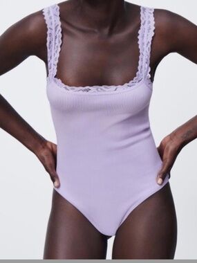 Zara Lavender Lace-Trim Ribbed Bodysuit